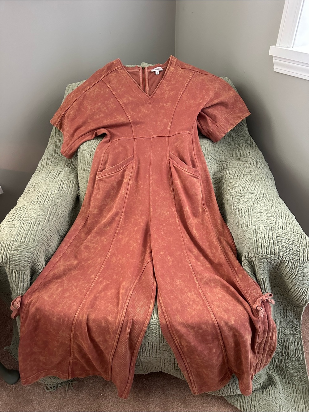 eesome Distressed Terracotta Wide-Leg Short-Sleeve Jumpsuit